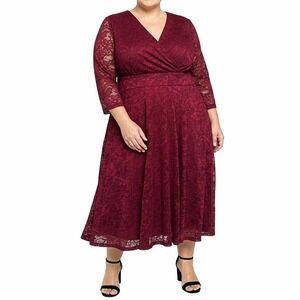 Lookbook Store Burgundy Lace Dress Faux Wrap Midi Plus Size 4X 30W Wedding Guest